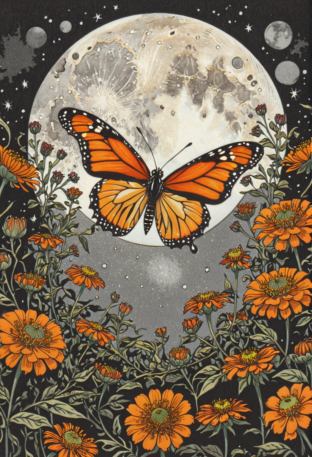 symmetric, balanced, monarch butterfly at the center of the moon surrounded by a frame of zinnia flowers, dark amber and gray colors, ephemeral patterns, witchcore aesthetics, cloisonnism, eleanor vere boyle, Ivan Bilibin Style page, lks73zb1, Inkdrawing, by Kr355e