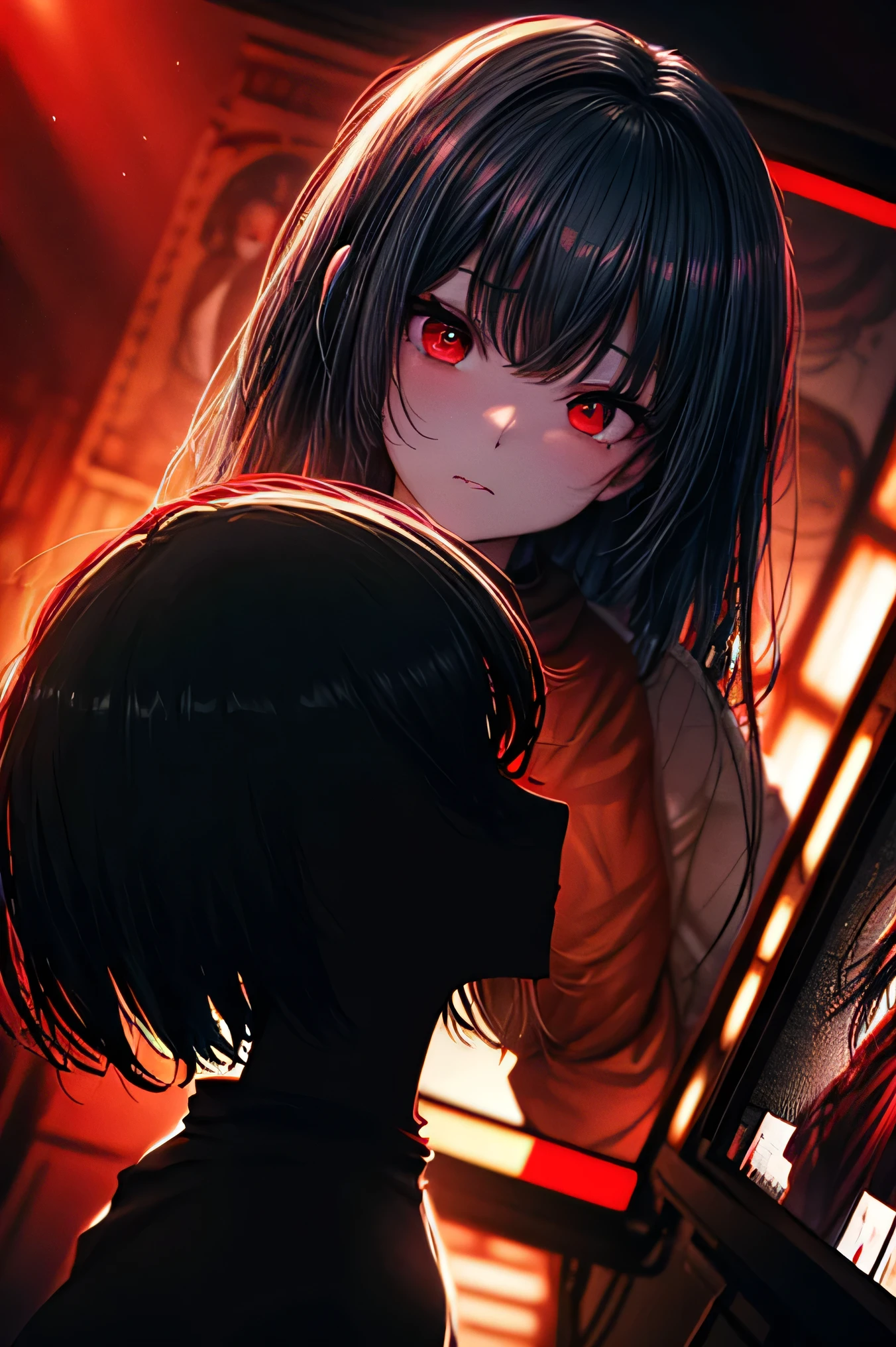 a masterpiece, a woman with red eyes stands in front of a window, beautiful eyes are visible on a large monitor screen in the background, a girl in the center, a silhouette of a girl in the center, red lighting, red eyes, blood, detailed, luminous, dim room, lighting from screens, monitor panels that depict girls, on monitor panels eyes are visible, many eyes.
