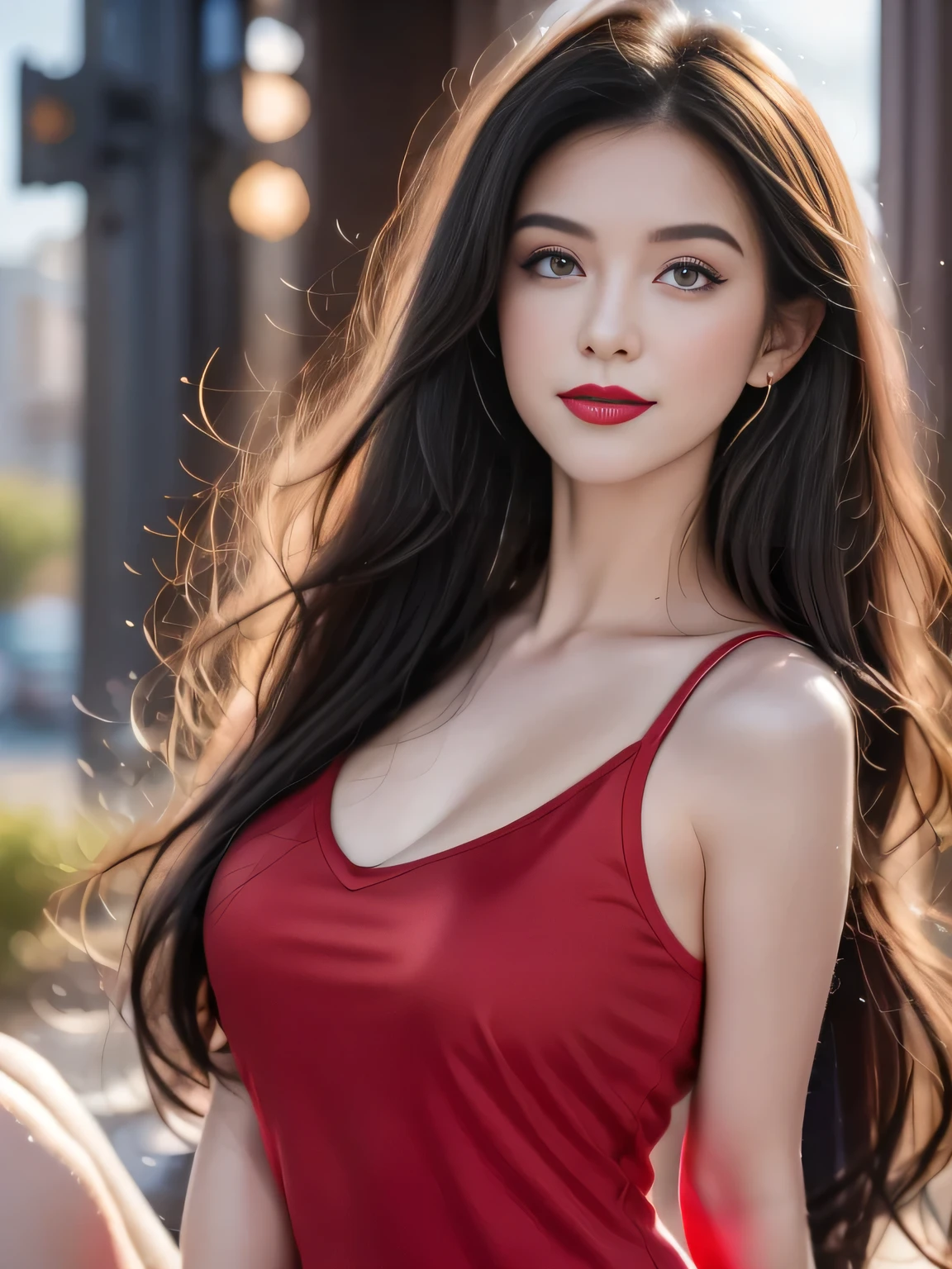 A girl, Black Hair, 1980s (style), Red sleeveless dress, Long hair,