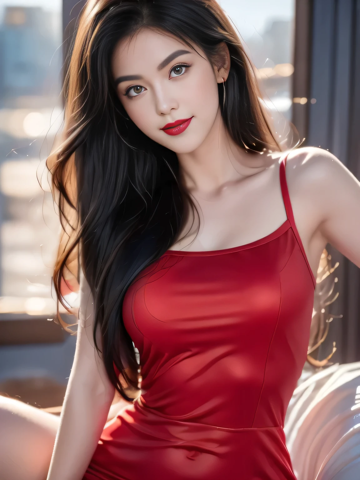 A girl, Black Hair, 1980s (style), Red sleeveless dress, Long hair,