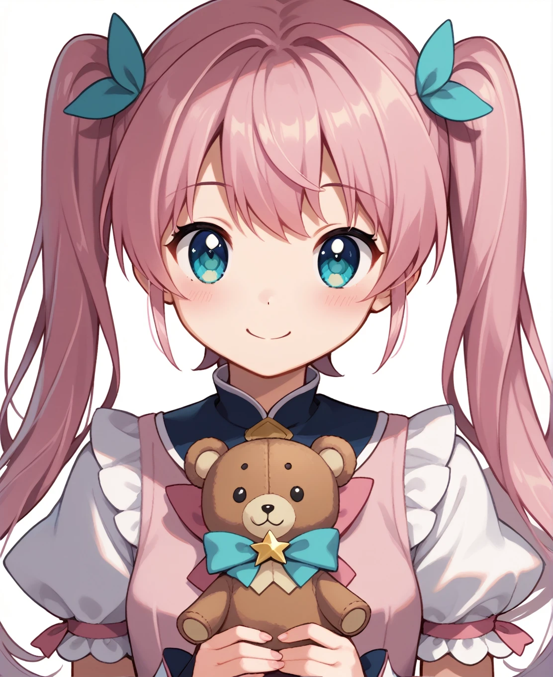 Holding a pink teddy bear、Anime girl with pink hair and blue eyes, Magical Girl Portrait, Pink pigtails and cyan eyes, Cute realistic portrait, Anime Moe Art Style, Anime style portrait, かわいいAnime Girl Portrait, Anime Girl Portrait, Anime Character Portraits, かわいいAnime Girl Portrait, Cute anime face, Cute girl anime visuals