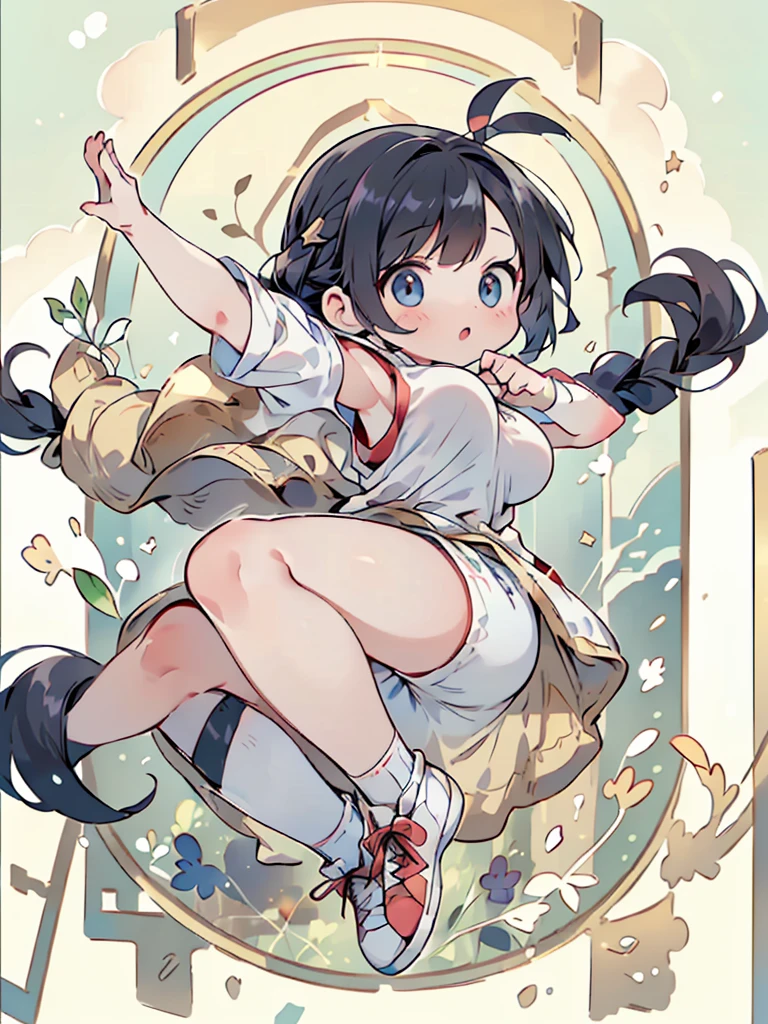 Highest quality、High resolution、Detailed Background、Beautiful Face、High detail、(Perfect Anatomy, Perfect Style)、(Detailed facial expressions)、(fine grain:1.2)、age Beauty、(very wide shot:1.5, full body:1.4), One Girl、, Cute black hair、Braided Bob, Braided, clear, deep blue eyes、Braided Ponytail, Braided bob cut, Basketball game in the gym, jumping:1.5, dunking:1.5, brake, Incredible jumping ability:1.5, Suspended in the air in a shooting position:1.5, Incredible jumping power and long flight times, ((aerial view:1.5, shoot from side, looking up)), (Bright red basketball uniform:1.5, White Line、Same color above and below, No sleeve:1.5, Shorts, High-cut basketball shoes)、(armpit:1.2), ((large breasts:1.2, pointy breasts:1.2, high breasts:1.2)), Throw a basketball held above your head into the top of the goal, Dunk Shot、The goal ring is 3m above the ground.