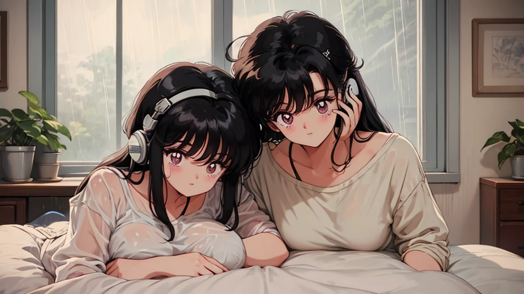 supper:
A young character is lying in his bed, Listening to music on headphones. The room is cozy, with retro 80s decor.
scenario:
A large glass window in the background shows heavy rain outside. Drops run down the window, creating a melancholic and nostalgic environment.
visual style:
80s anime, with distinctive strokes and vibrant colors. Soft lighting inside the room contrasts with the rainy weather.
atmosphere:
Peace and introspection, highlighting the character's emotional connection to the music and the comfort of his personal space.
Important Details:
Subtle facial expressions to convey emotion.
Detailed animation of rain on the window to emphasize the serenity of the scene.
Soft, relaxing music complementing the contemplative atmosphere.