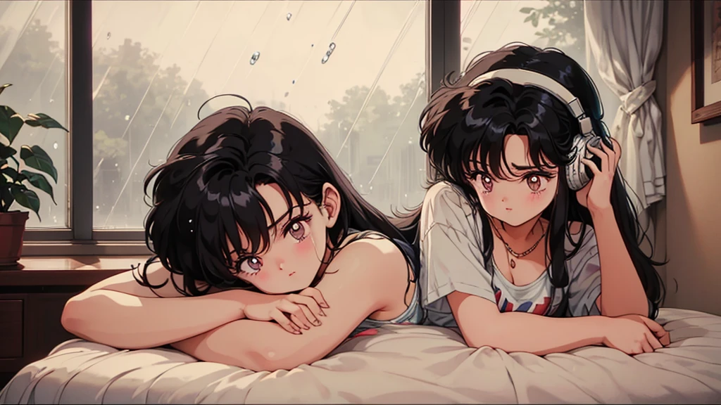 supper:
A young character is lying in his bed, Listening to music on headphones. The room is cozy, with retro 80s decor.
scenario:
A large glass window in the background shows heavy rain outside. Drops run down the window, creating a melancholic and nostalgic environment.
visual style:
80s anime, with distinctive strokes and vibrant colors. Soft lighting inside the room contrasts with the rainy weather.
atmosphere:
Peace and introspection, highlighting the character's emotional connection to the music and the comfort of his personal space.
Important Details:
Subtle facial expressions to convey emotion.
Detailed animation of rain on the window to emphasize the serenity of the scene.
Soft, relaxing music complementing the contemplative atmosphere.