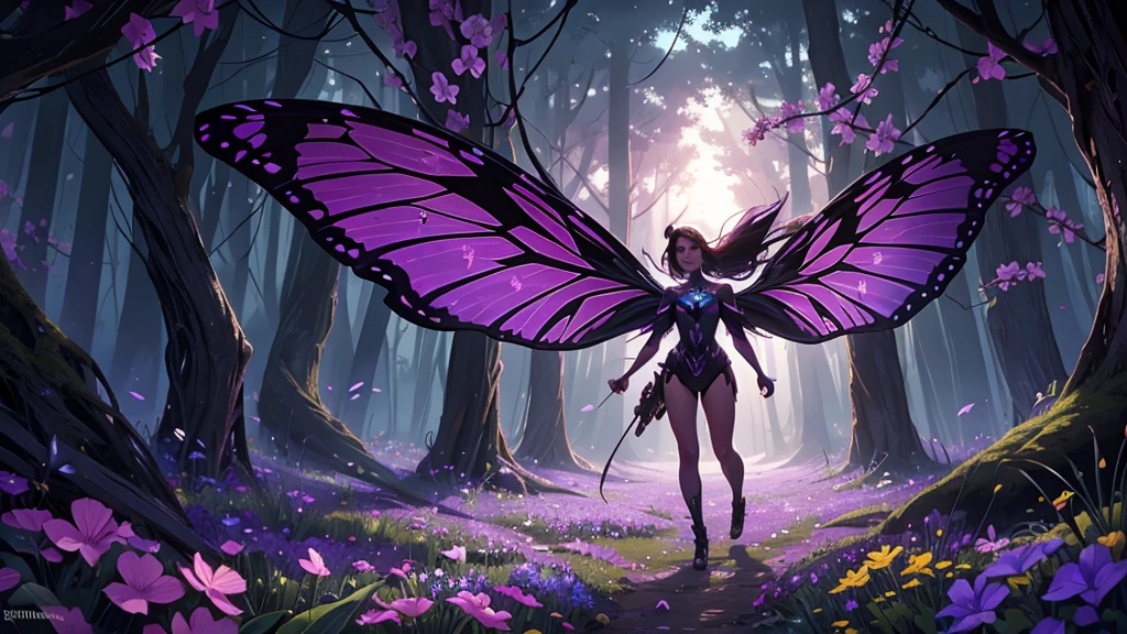 style of Art Spencer and Garmash style of mystical, surreal, dreamlike, otherworldly, ethereal, fantastical, psychedelic, and visionary art. Envision an ((immersive environment)) where the image of a (hunting very small black butterfly with neon wings) appears to be in a (state of ecstasy). It is shown with its wings spread wide, as if it is basking in the warmth of the sun. The butterfly's form and detailing, along with the surrounding landscape, convey a sense of immersive artistry. The scene is set against a (mysterious, violet flower) backdrop that blends seamlessly into a (dark, dreary, and foggy atmosphere). The overall atmosphere of the image is enchanting, with a (subtle, captivating quality) that draws the viewer in.