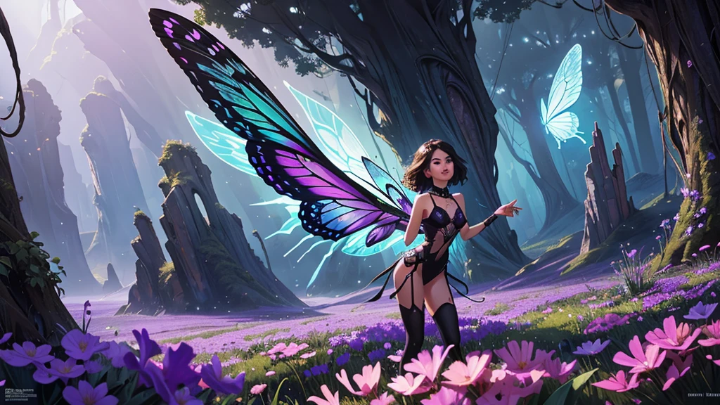 style of Art Spencer and Garmash style of mystical, surreal, dreamlike, otherworldly, ethereal, fantastical, psychedelic, and visionary art. Envision an ((immersive environment)) where the image of a (hunting very small black butterfly with neon wings) appears to be in a (state of ecstasy). It is shown with its wings spread wide, as if it is basking in the warmth of the sun. The butterfly's form and detailing, along with the surrounding landscape, convey a sense of immersive artistry. The scene is set against a (mysterious, violet flower) backdrop that blends seamlessly into a (dark, dreary, and foggy atmosphere). The overall atmosphere of the image is enchanting, with a (subtle, captivating quality) that draws the viewer in.