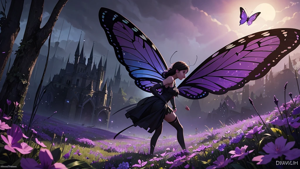 style of Art Spencer and Garmash style of mystical, surreal, dreamlike, otherworldly, ethereal, fantastical, psychedelic, and visionary art. Envision an ((immersive environment)) where the image of a (hunting very small black butterfly with neon wings) appears to be in a (state of ecstasy). It is shown with its wings spread wide, as if it is basking in the warmth of the sun. The butterfly's form and detailing, along with the surrounding landscape, convey a sense of immersive artistry. The scene is set against a (mysterious, violet flower) backdrop that blends seamlessly into a (dark, dreary, and foggy atmosphere). The overall atmosphere of the image is enchanting, with a (subtle, captivating quality) that draws the viewer in.