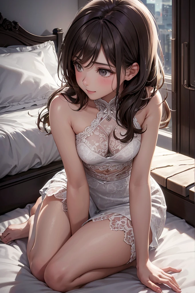 (Best Quality,High resolution,8K,finelity detailed background,Masterpiece:1.2),beautiful girl,Shiny brown hair,messy hair,Brown eyes,Gentle look,A refreshing look,Best quality,Best Quality,Aesthetic and aesthetic:1.2,Best details((Super detailed))(High-definition CG illustrations),Grey underwear (dark gray,intricate lace),Slender body,Late Night,Moonlit Night,Bedroom,On the bed,smile,blush,cute,Scrounge,Looking up,Being spoiled,super model,wariza