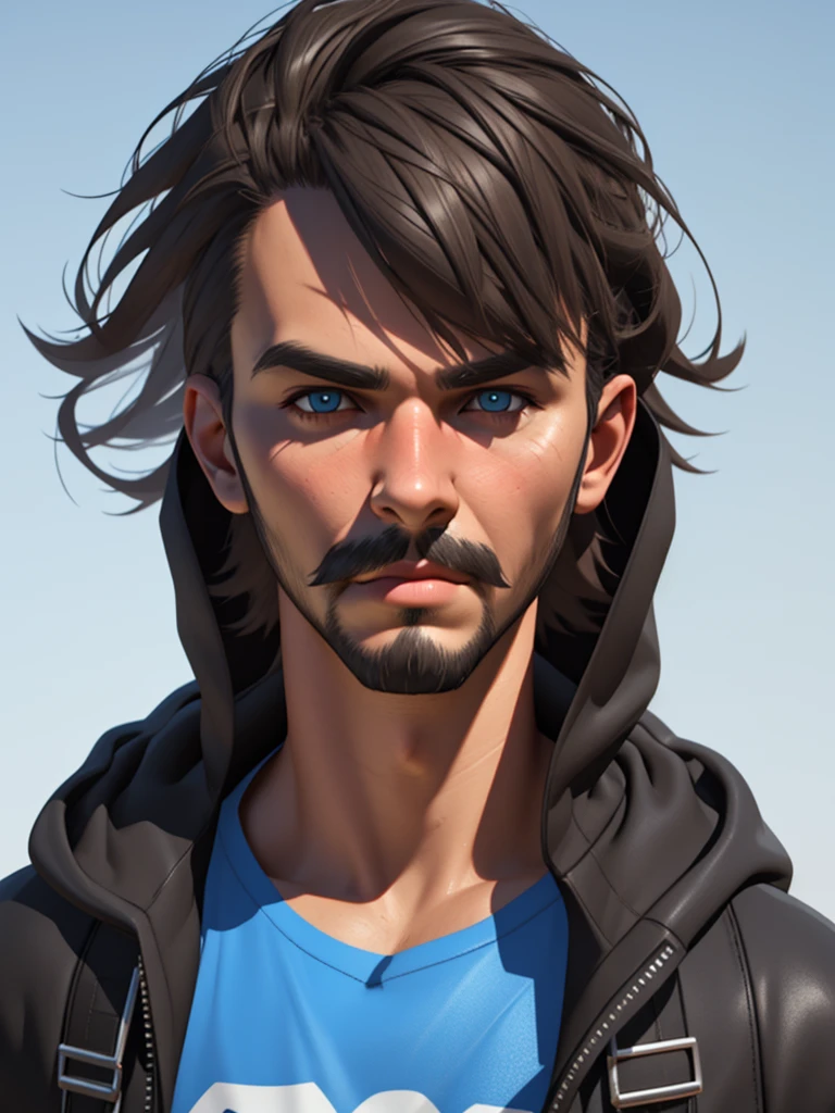 a close up of short hair man, fair skin and thin eyebrows,  Well-groomed beard and mustache with Neutral Expression, wearing black jacket and gray t-shirt, sentado em uma cadeira gamer, Muscle, Sex,  a person wearing a hood and a hood, character up close, realistic art style, ultra realistic 3d illustration, hyperrealistic teen, 3D Demo Reel Avatar, detailed realistic face, close-up character portrait, 3d character realistic, photorealistic art style, high-quality portrait, detailed portrayal, 3d character, 3d character, realistic 3 d style, photo realist