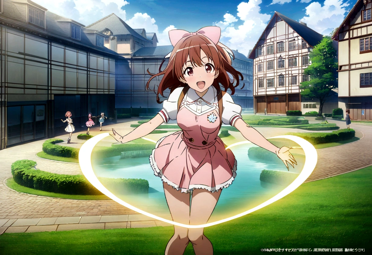 Anime girl dancing in the park,The background is a building, The Idolmaster, Official Artwork, Official Anime Artwork, high detailed Official Artwork, Official Art, Kyoto Animation key visual, Propaganda Art, Holographic Live Broadcast, Official Artwork hdr, Kyoto Animation, Anime Key Visual Concept Art, Complete art, Headquarters Artwork, mana in the air, Official illustrations