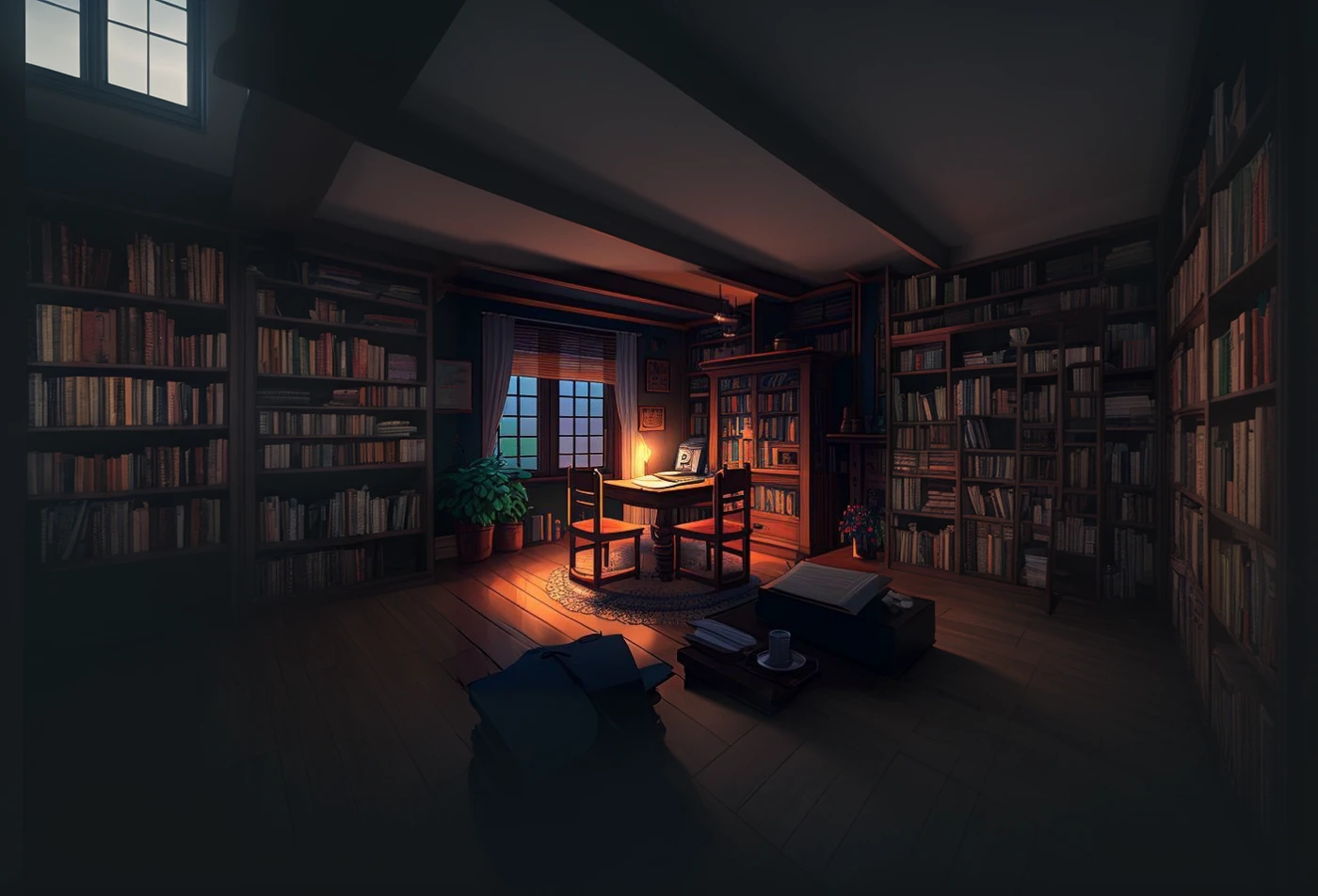 Dark room full of books and with windows to the outside.