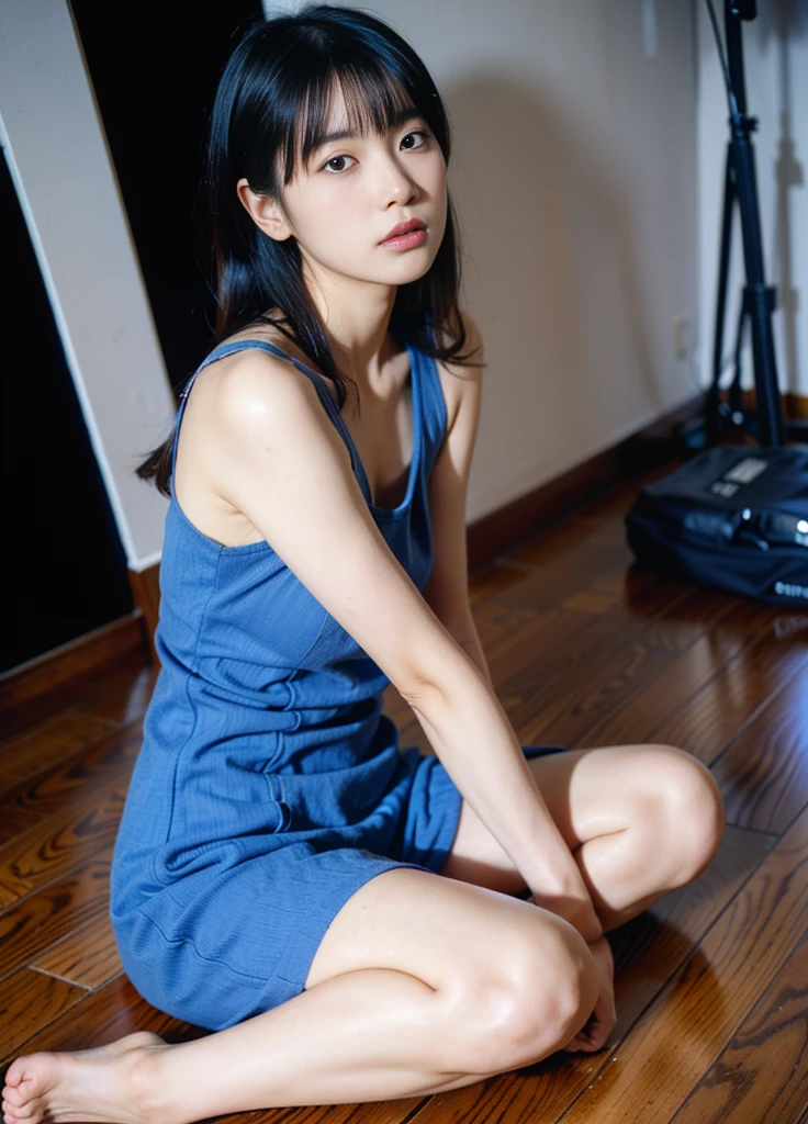 1girl, moyou, arafed asian woman sitting on the floor in a blue dress, Yasumoto Oka, narumi kakinouchi, harumi, Hole in the Motto, Akiko Takase, Young Gravure Idol, Young and skinny gravure idol, Chiho, Ayami, Yoshitomo Nara, kimi takemura, White skin