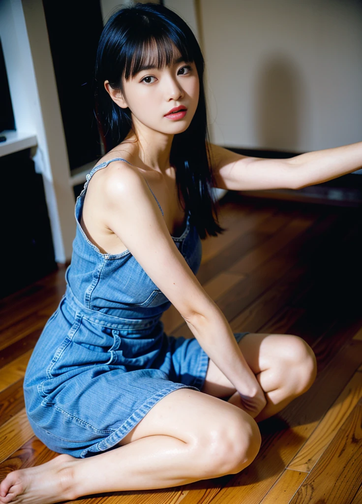 1girl, moyou, arafed asian woman sitting on the floor in a blue dress, Yasumoto Oka, narumi kakinouchi, harumi, Hole in the Motto, Akiko Takase, Young Gravure Idol, Young and skinny gravure idol, Chiho, Ayami, Yoshitomo Nara, kimi takemura, White skin