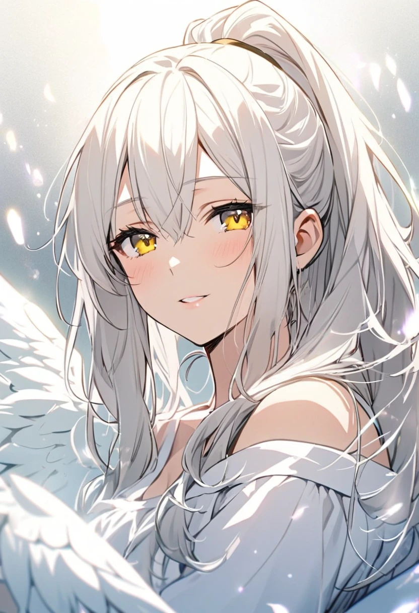 girl, ponytail. white aura, angel, angel wings, yellow eyes, white hair , long hair, beautiful, relaxing face, 30 years old