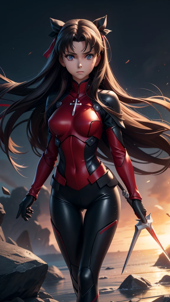full body, Serious face, (masterpiece), best quality, expressive eyes, perfect face, anime girl, Fate/Stay Night anime, Rin Tohsaka anime, Rin Tohsaka Fate/Stay Night HDR (High Dymanic Range), Ray Tracing, Super resolution, Unreal 5, Subsoil Scatter, PBR Textures, Post Processing, Anisotropic filtering, Depth of Field, High Sharpness and Sharpness, Multilayer Textures, Surface shading, Precise simulation of light-material interactions, Perfect ratios, Octane rendering, duotone illumination, low ISO, white balance, Rule of thirds, Wide aperture, 8K RAW, high-efficiency sub-pixels, sub-pixel convolution, glow particles