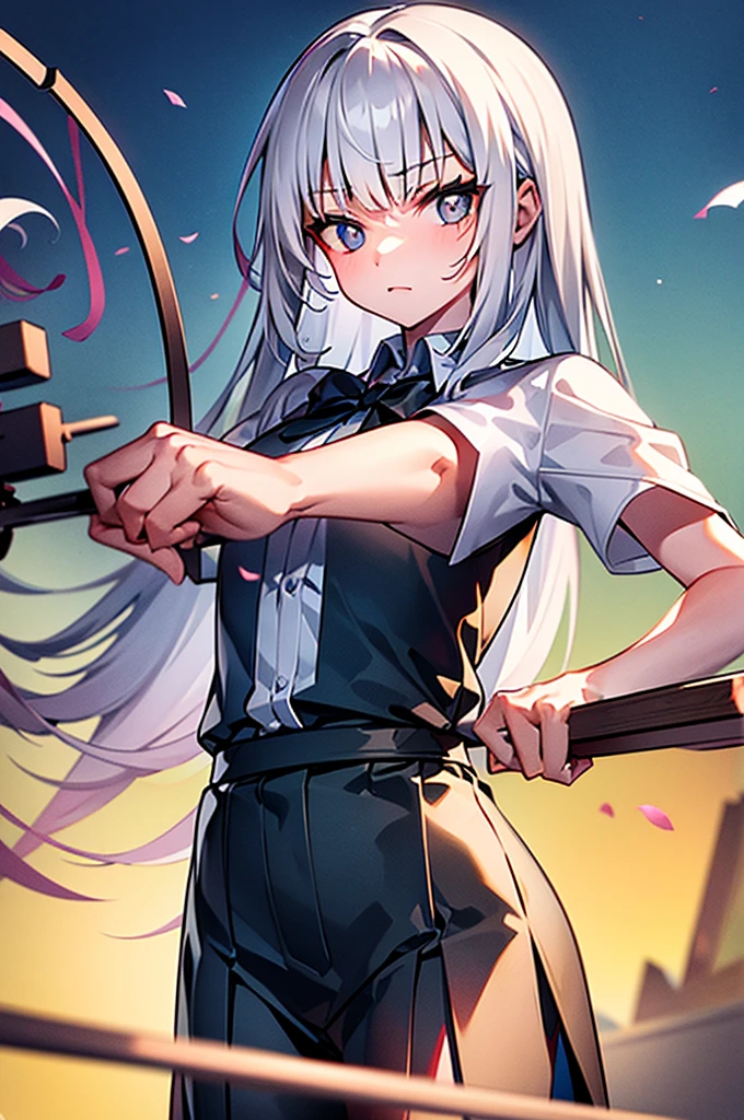 1 man, Shooting Bow and arrow, Uniform, Black eyes, White pupils, White Hair, Magic Powers