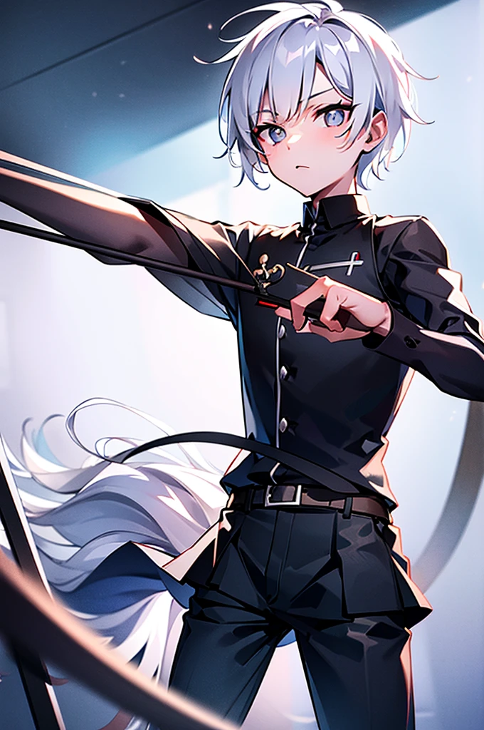 1 man, Shooting Bow and arrow, Uniform, Black eyes, White pupils, White Hair, Magic Powers