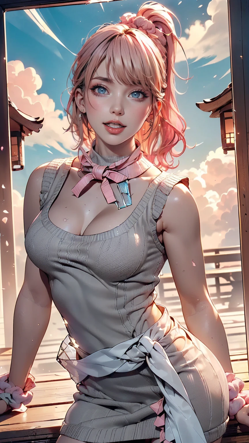 ((((Highest quality))))、(((Ultra-precision CG16K wallpaper)))、(((masterpiece)))、(((Very detailed)))、(((Attention to detail)))、((129 year old mature woman:1.6))、((人のとてもbeautiful日本の顔))、((Urizane Face:1.8))、((Soft wavy ponytail medium length hair、Blunt bangs:1.8))、(((Glowing pink hair:1.5)))、繊細に描かれたbeautiful顔、Dark Eyes、double eyelid、High nose、Small nostrils、Small Mouth、Seductive lips、beautiful breasts、((C cup size breasts))、beautiful feet、eight-headed body、Perfect proportions、Perfect Anatomy、Perfect composition、beautiful detailed shading、beautiful, Natural light、beautiful detail glow、Written boundary depth、(((High chroma)))、(((Genuine:1.9)))、((Vivid:1.5))、((beautiful Skin))、((Skin Texture))、((Genuineな皮膚感))、(((Cowboy Shot:1.6)))、((Front view、Shoot from the front、Front Low Angle:1.6))、(((Half-open mouth、Surprised face:1.3)))、((Women are watching this、View your viewers:1.6))、Bright sunlight、Natural light、(((Glass Square、cloud:1.5)))、(Standing pose:1.6)、(((Dark grey high neck sleeveless summer knit mini dress:1.6)))、((Scrunchie Ribbon、Wear earrings:1.5))、((Lace Stockings Clothed))、