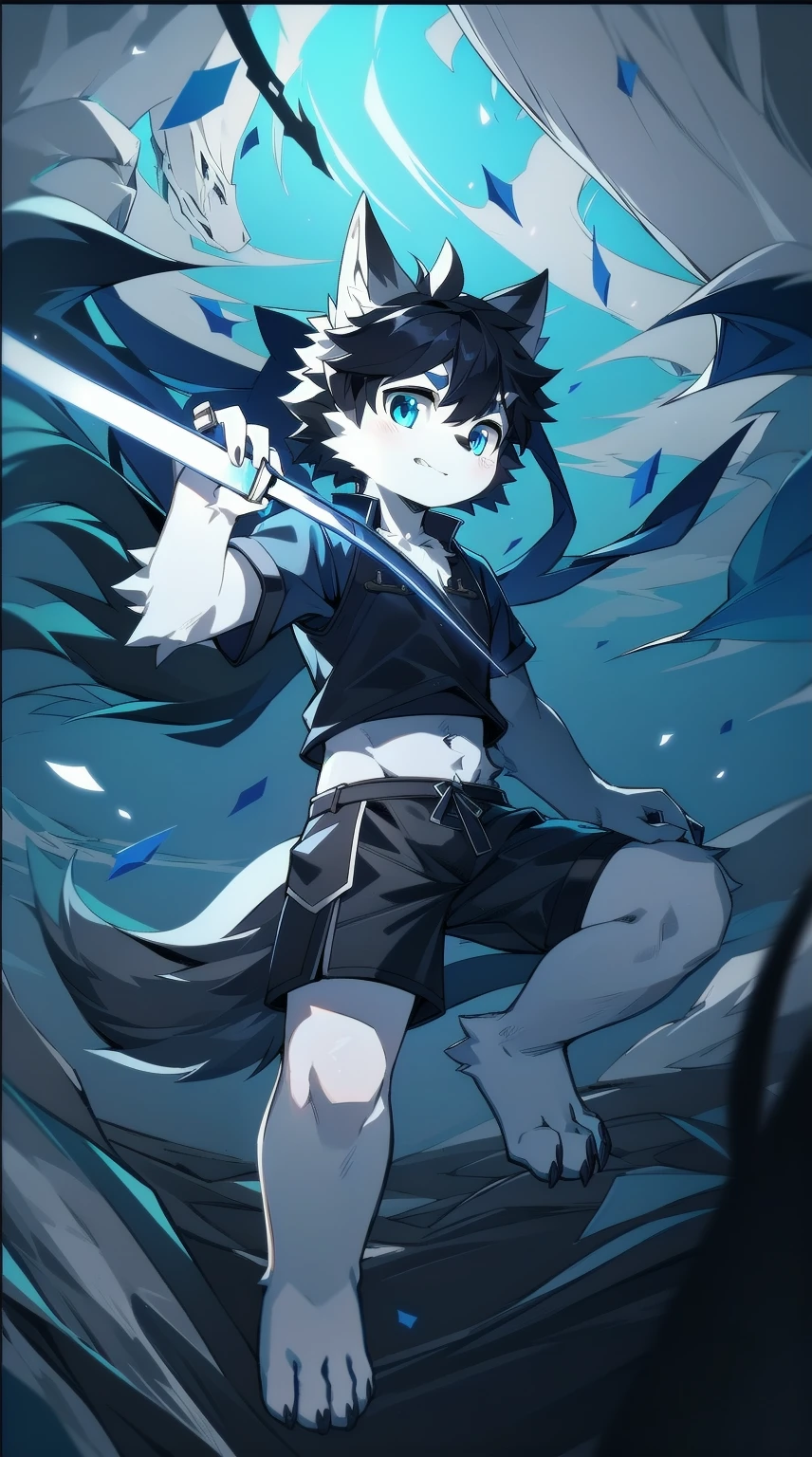 White Wolf,black hair,Sky blue eyes,hairy,Wolf ears,Wolf tail,Full body portrait,The character is in the center of the frame,Handsome,Confident eyes,male,juvenile,Black and white combat uniform,Red neck bib,Black shorts,Short sleeve,hairy arms and legs,Dark background,Dark battlefield,dawn,sunrise,dawn,illumination,shadow,Swordsman,Scabbard and sword,Hold the hilt of a sword in your hand,The scabbard is at the waist,Highest quality