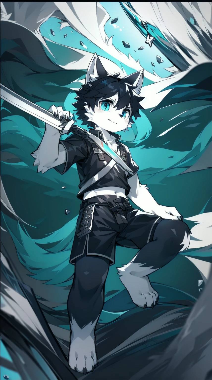 White Wolf，black hair，Sky blue eyes，hairy，Wolf ears，Wolf tail，Full body portrait，The character is in the center of the frame，Handsome，Confident eyes，male，juvenile，Black and white combat uniform，Red neck bib，Black shorts，Short sleeve，hairy arms and legs，Dark background，Dark battlefield，dawn，sunrise，dawn，illumination，shadow，Swordsman，Scabbard and sword，Hold the hilt of a sword in your hand，The scabbard is at the waist，Highest quality