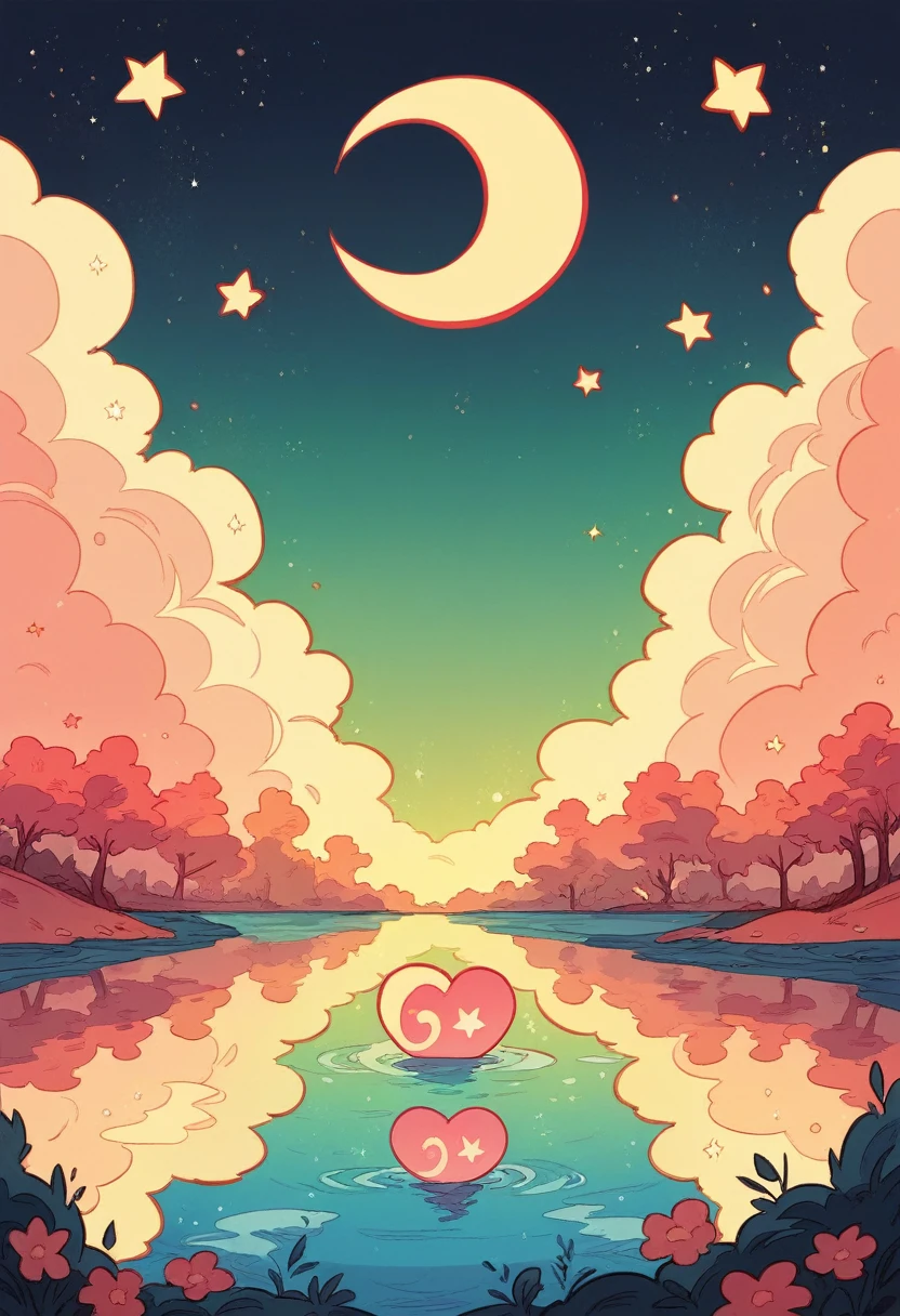 best quality, very good, 16K, A river in space,There are numerous golden star-shaped signs and several pink heart-shaped signs,Flowing like a river, Red Crescent Moon