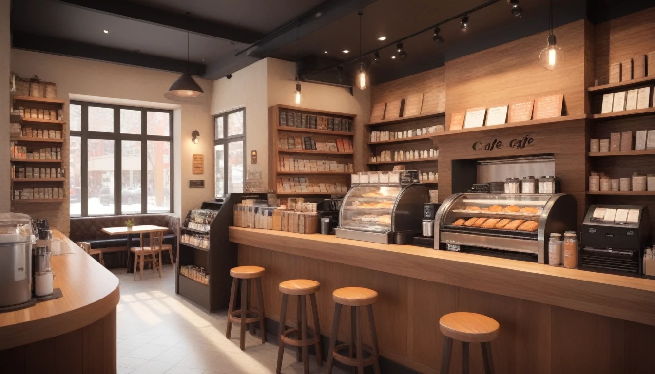 "A warm, cozy coffee shop with wooden furniture, soft lighting, and a welcoming atmosphere. The cafe features comfortable seating, bookshelves filled with books, and a fireplace that adds to the coziness. Baristas are behind the counter making coffee, while customers enjoy their drinks at the tables. The color scheme includes warm browns, soft oranges, and cozy earth tones. There is a large window allowing customers to see the sunlight streaming in or the gentle rain outside, enhancing the tranquil ambiance of the cafe."