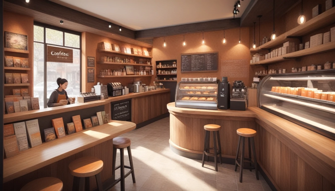 "A warm, cozy coffee shop with wooden furniture, soft lighting, and a welcoming atmosphere. The cafe features comfortable seating, bookshelves filled with books, and a fireplace that adds to the coziness. Baristas are behind the counter making coffee, while customers enjoy their drinks at the tables. The color scheme includes warm browns, soft oranges, and cozy earth tones. There is a large window allowing customers to see the sunlight streaming in or the gentle rain outside, enhancing the tranquil ambiance of the cafe."