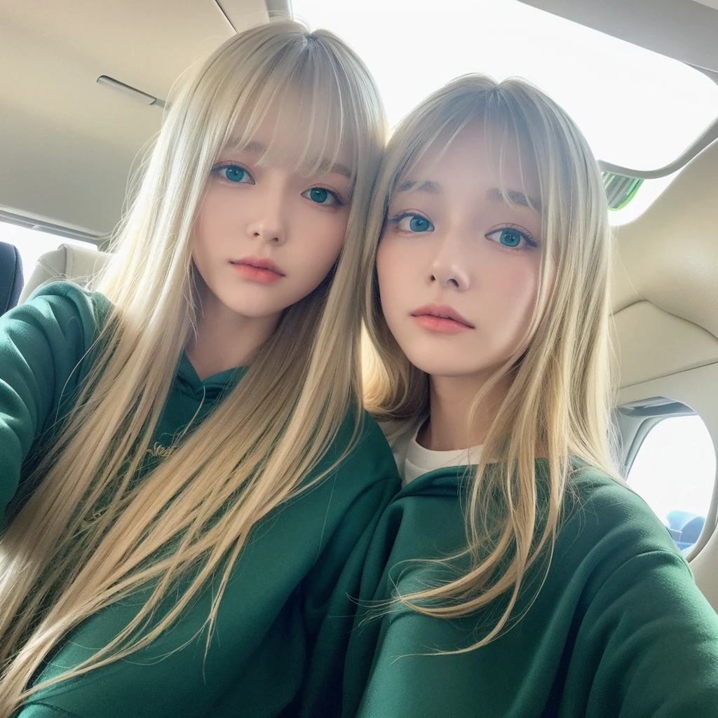 Pale blonde teenage girl with bangs and blue-green eyes soft silky hair, with a long white sweatshirt and white pants taking a photo inside the plane