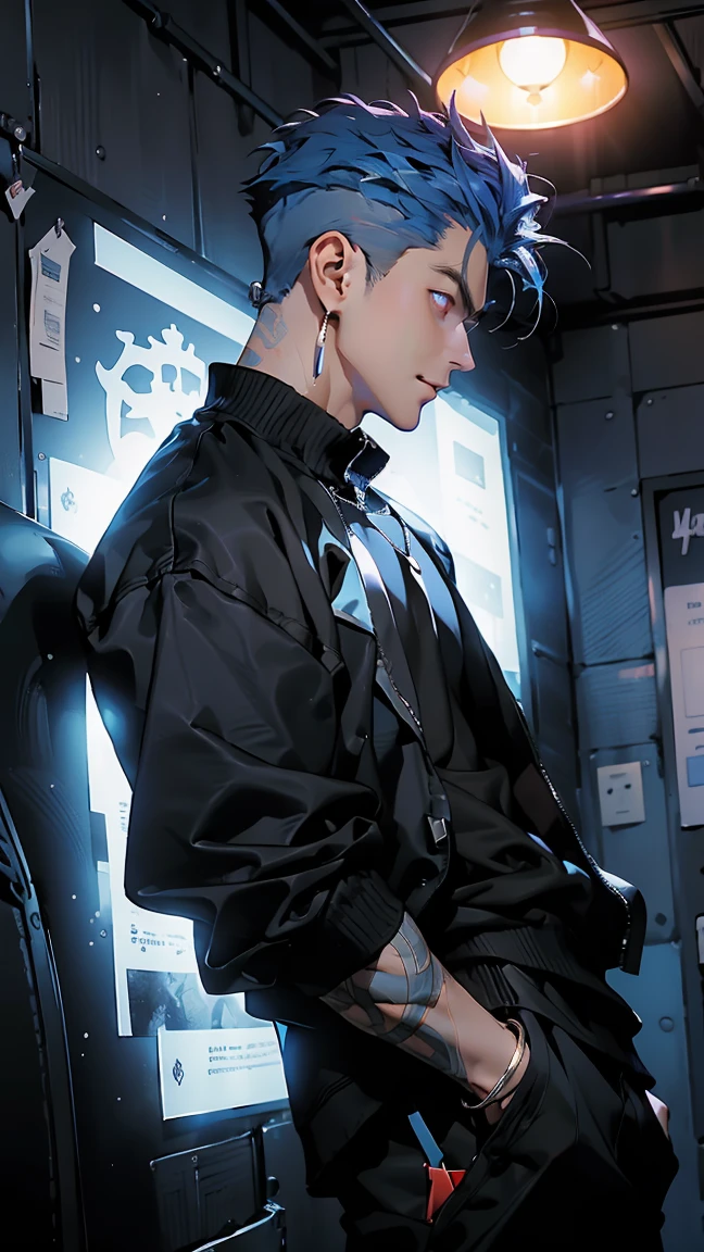 highest quality, 8K, high resolution image, anime style Jujutsu Kaisen, (Gilgamesh | Fate), detailed strokes, bored look , blurred, purple light reflecting from it, (close angle), 1 man, young, male, model, hand in pocket, cool guy, multicolored Background with various geometric shapes, around stickers, muscular, Blue hair, Hairstyle, Hairstyle:Undercut, Red eyes, short Hair, Blue hair, highlighted hair ,swollen chest, He is wearing a black sportjacket and black sweatpants, Black Sportjacket, black sweatpants and a gold link chain, sweatpants, Background: Room,