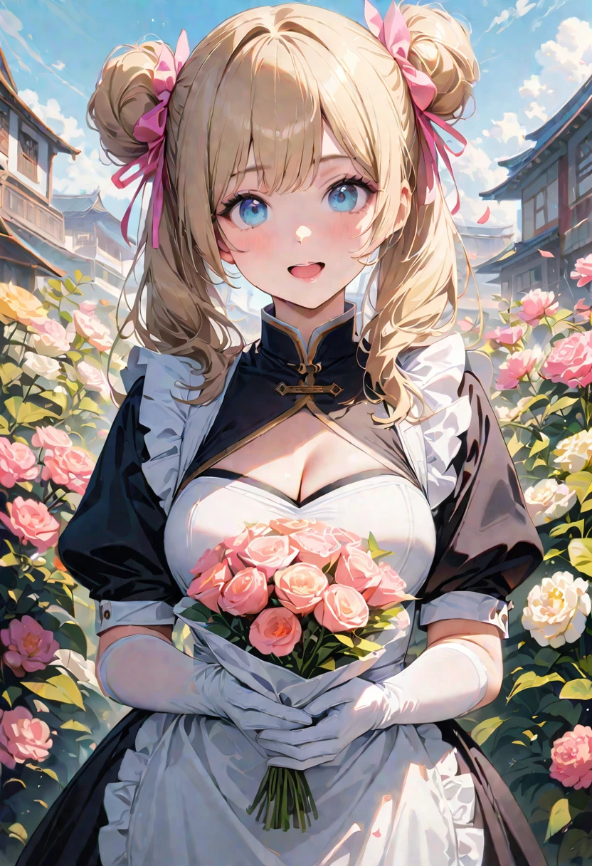 30 years old,1 mature woman,hyperrealistic, 8k, (extremely detailed 8k), (very delicate and beautiful), (masterpiece), (better quality:1.0), (ultra high resolution:1.0), (masterpiece, best quality), cute,blonde,cleavage cutout,(broen dress:1.3),gleaming skin,twintails,twin bun,a pink ribbon on the head,long hair,pastel green chinese maid dress,pastel green chinese dress,white long gloves,hold a bouquet of flowers,face and body straight at the camera,a bunch of flowers,POV,bust shot,white frill,puffy sleeves,laugh with open mouth,tareme,sky blue eyes,short truffle half apron,a gold buckle around someones neck,white corset
