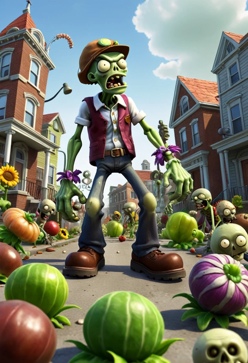 (game, "Plants vs. Zombies"), full body, (Photography), panoramic view, award-winning, cinematic still, emotional, vignette, dynamic, vivid, (masterpiece, best quality, Professional, perfect composition, very aesthetic, absurdres, ultra-detailed, intricate details:1.3)