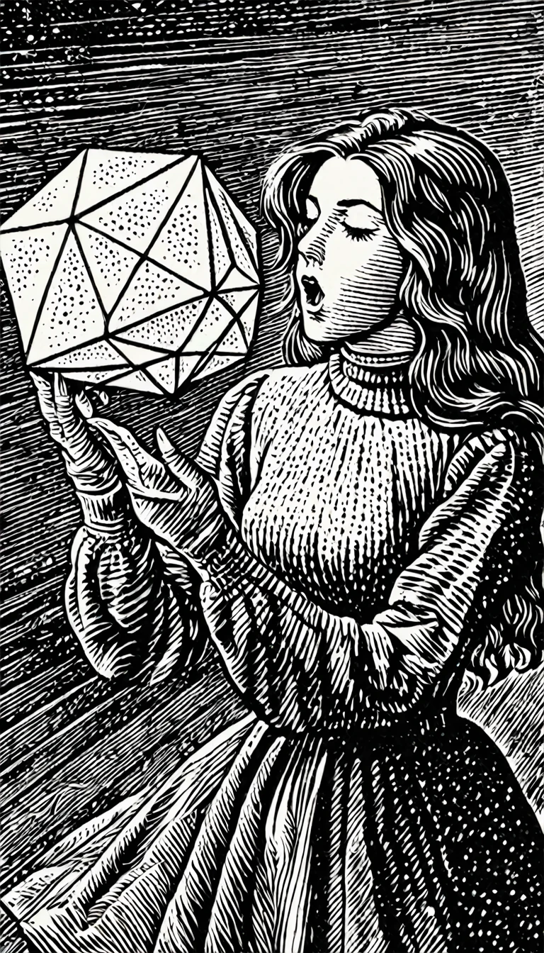 (Black and white woodcut:1.5)、(Second floor in black and white.)、foreground, dark and sinister atmosphere、profile face of a woman long hair , big breasts, with low-cut blouse, turtleneck blouse, outlined curves wearing a long skirt, with gloves looking down at the object in his hands, holding an icosahedral geometric shape that emits light and floats in his hands, open mouth with a shocked face, Mysterious、