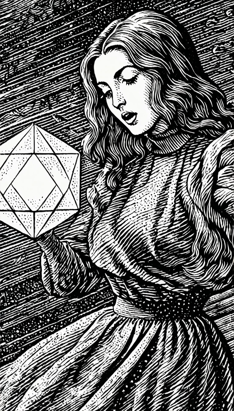 (Black and white woodcut:1.5)、(Second floor in black and white.)、foreground, dark and sinister atmosphere、profile face of a woman long hair , big breasts, with low-cut blouse, turtleneck blouse, outlined curves wearing a long skirt, with gloves looking down at the object in his hands,  holding an icosahedral geometric shape that emits light and floats in his hands, open mouth with a shocked face, Mysterious、