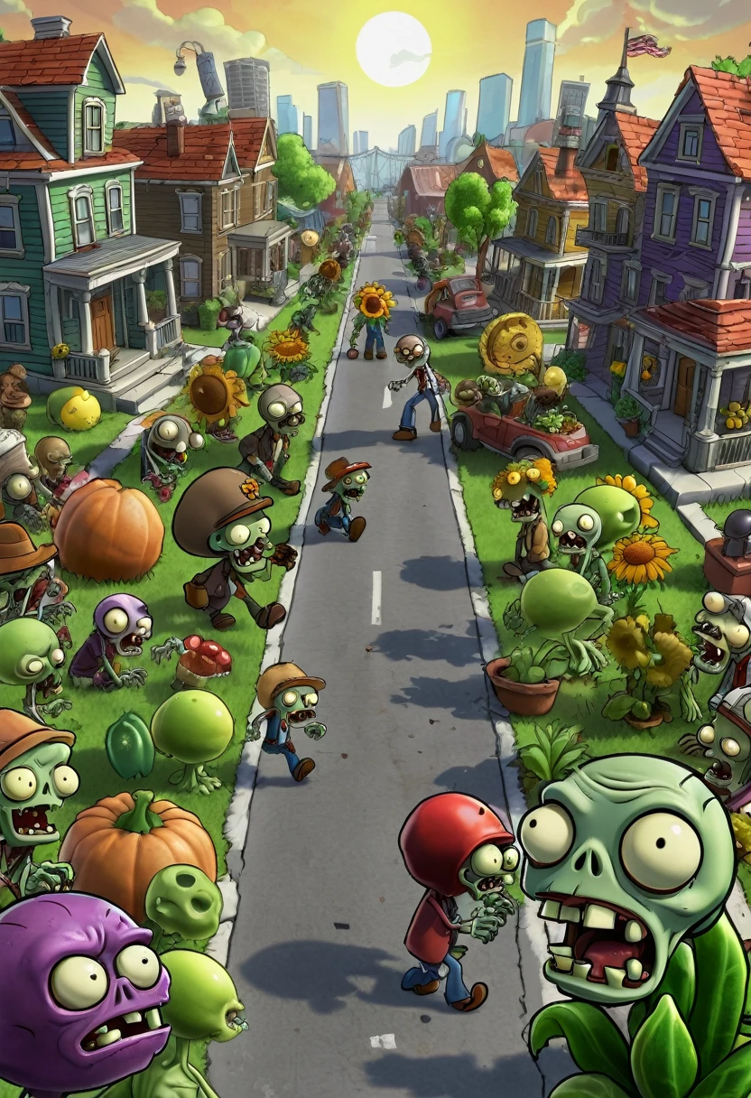 (game, "Plants vs. Zombies"), full body, (Photography), panoramic view, award-winning, cinematic still, emotional, vignette, dynamic, vivid, (masterpiece, best quality, Professional, perfect composition, very aesthetic, absurdres, ultra-detailed, intricate details:1.3)