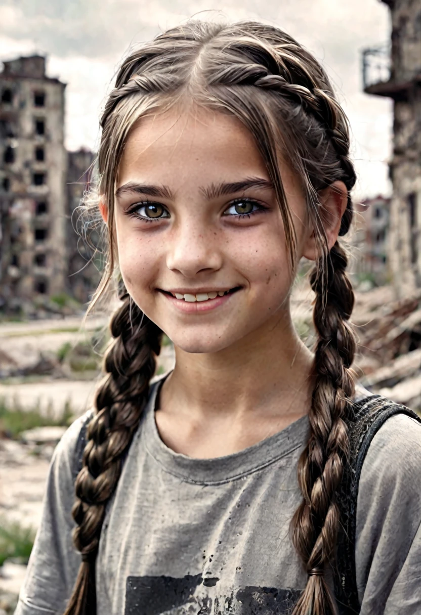 , hideous smile, creepy, olhar malicioso, gray eyes, abandoned city background, drawning, dressing, intense stare, straight hair with a braid above the shoulder.