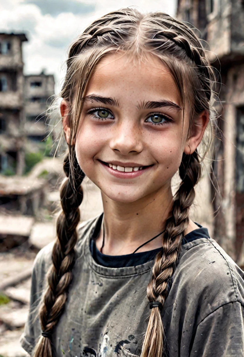 , hideous smile, creepy, olhar malicioso, gray eyes, abandoned city background, drawning, dressing, intense stare, straight hair with a braid above the shoulder.
