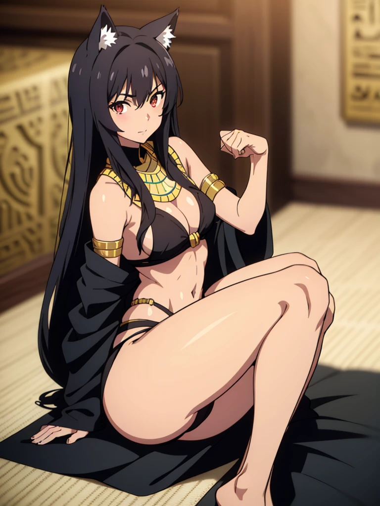 1girl ,solo,20s,mature female,black hair,long hair,cat ears,((tanned skin)),(egypt room),black kimono,bare shoulders,dynamic angle