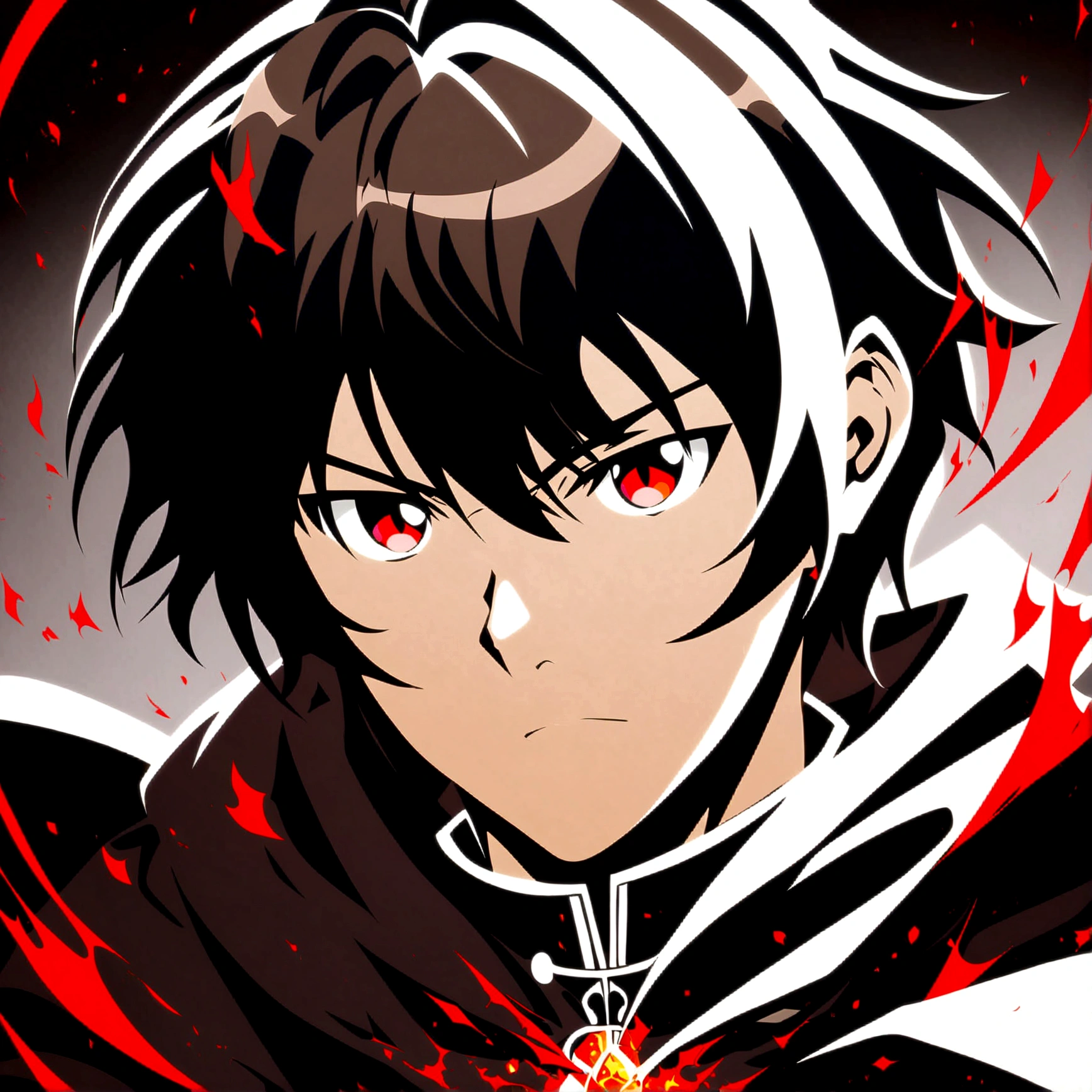 anime style diffusion, upper body, (face to the side 0.3), boy with messy brown hair bright red eyes, (open eyes 0.5), (serious face 0.1), black majestc cloak with red details, upper light, high contrast , 2D style, photoshop, cinematic
