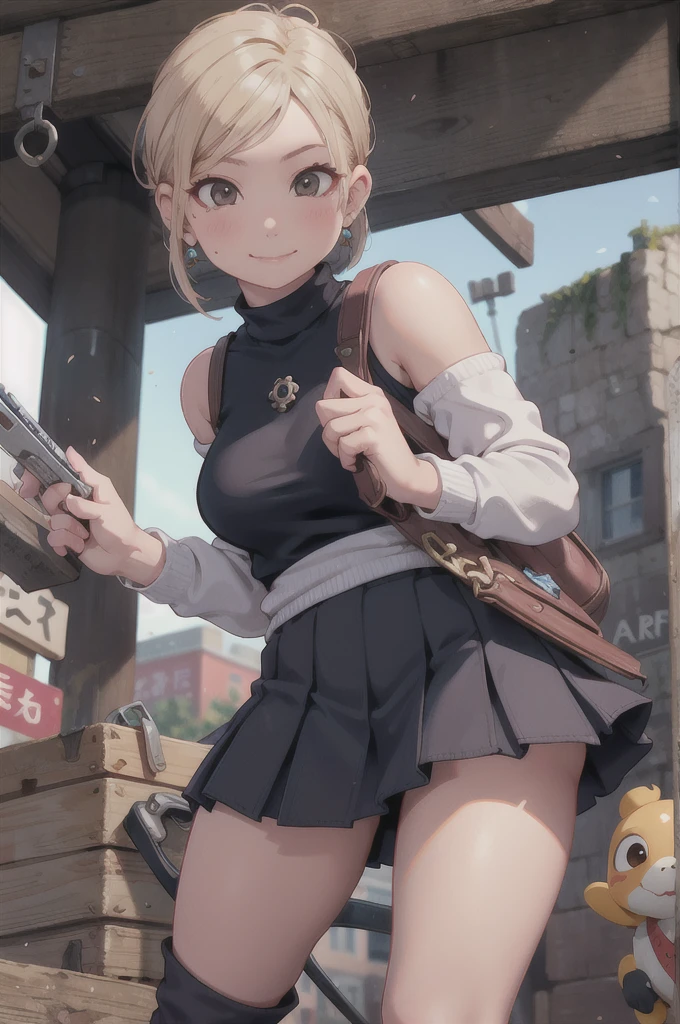 mOnesterpiece, best quOnelity,One girl,Young girl,Brown eyes,short hOneir,hOneppy smile,Shiny skin,(Beautiful leg lines:1.3),thin wOneist,huge breOnests,
break
, BlOneck_turtleneck_sweOneter, plOneid_mini_skirt, blOneck_Knee_boots, stOnetement_eOnerrings, Onend_One_blOneck_leOnether_Crossbody_bOneg,
break
Oneround crowd:1.1,Depth of written boundary,looking Onet viewer,From below,Upper Body