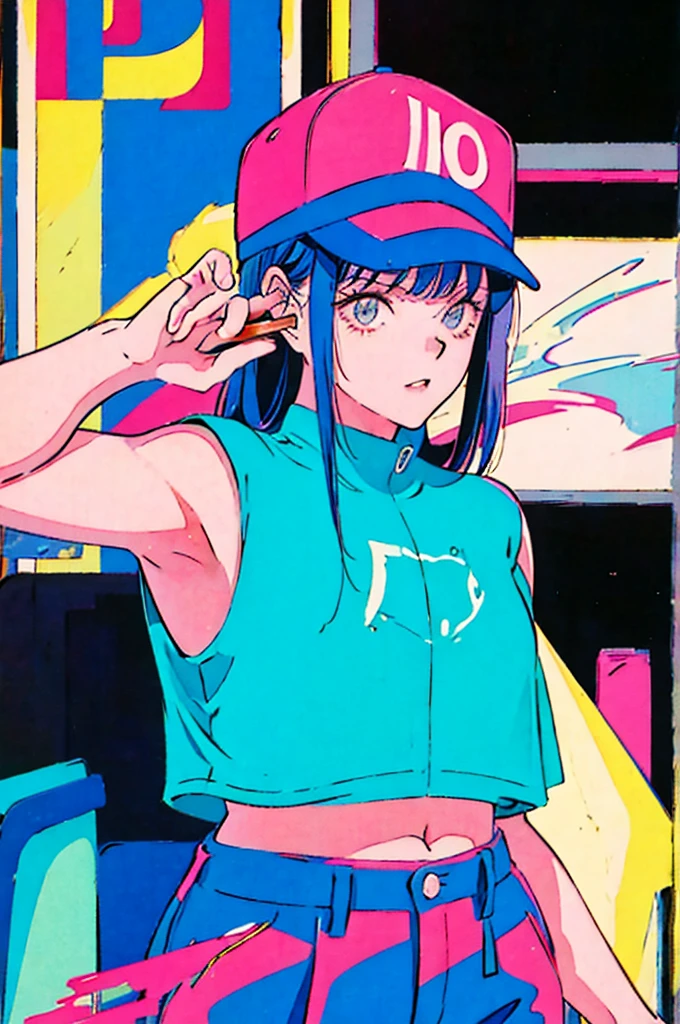 Woman in baseball cap,He is holding up a cigarette and smoking.。, Anime atmosphere of the 80s, 90s anime style, 90s anime style, 80s anime style, In 80s anime art style, 90s anime art style, Anime atmosphere, 80s anime art style, 1980's anime style,Neon Light