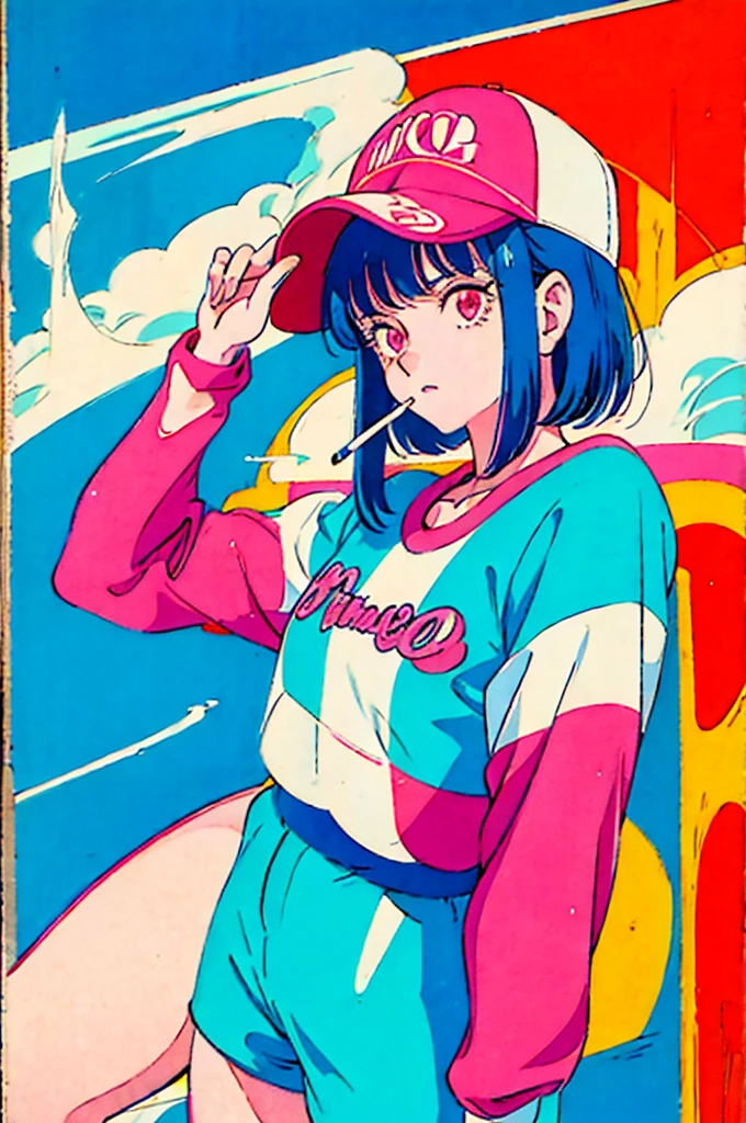 Woman in baseball cap,He is holding up a cigarette and smoking.。, Anime atmosphere of the 80s, 90s anime style, 90s anime style, 80s anime style, In 80s anime art style, 90s anime art style, Anime atmosphere, 80s anime art style, 1980's anime style,Neon Light