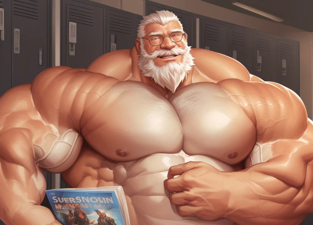 magazine cover, Dsharp, lindong, huge muscular old man nude with huge penis, glasses, white beard, white beard, old man, locker room, simple background, happy, pectoral, thick arms, huge pectoral, bigger pec, bigger pectoral, hyper pec, hyper pectoral, extremely huge pectoral, wide pectoral, masterpiece, semirealistic:1.2, high detailed, 8k, high resolution, perfect center, full view. ((really big muscle, massive muscular, wide shoulders, sixpack, thick arms, wide pectoral, super huge muscle, hyper muscular, over sized muscle, huge arms, big arms, huge pectoral))