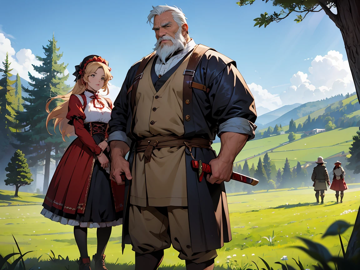 FOUR DISTINCT anime characters in a field with the central woman holding a sword and a lolita-style woman behind them, a robust old man and lumberjack, and by his side a dwarf miner