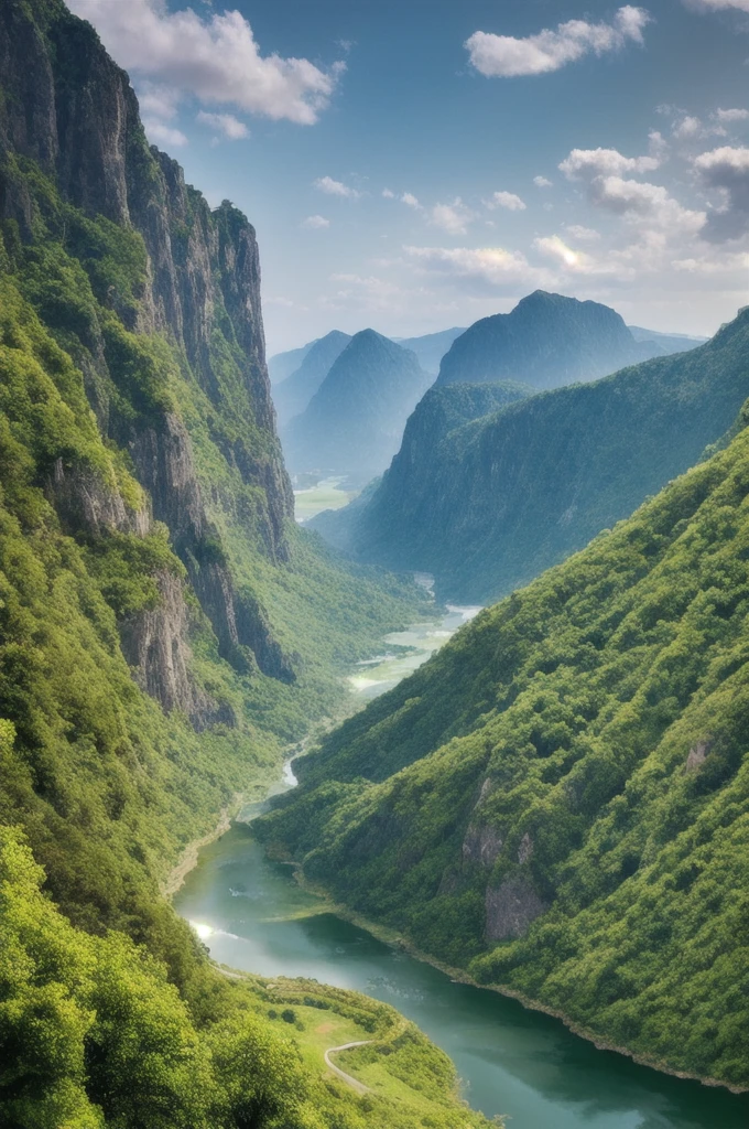 Masterpiece, ultimate quality, Cg unity 8k wallpaper, super delicate, beautiful sky and clouds, rich natural scenery, cliffs, lakes and rivers, waterfalls and flying water, beautiful green mountains, no trace of people, excellent scenery, has already won a photo contest, background Blurring, full depth of field, HDR high dynamics, true restoration, intricate, extreme details, dramatic presentation, perfectly presenting the style of midjourney art.