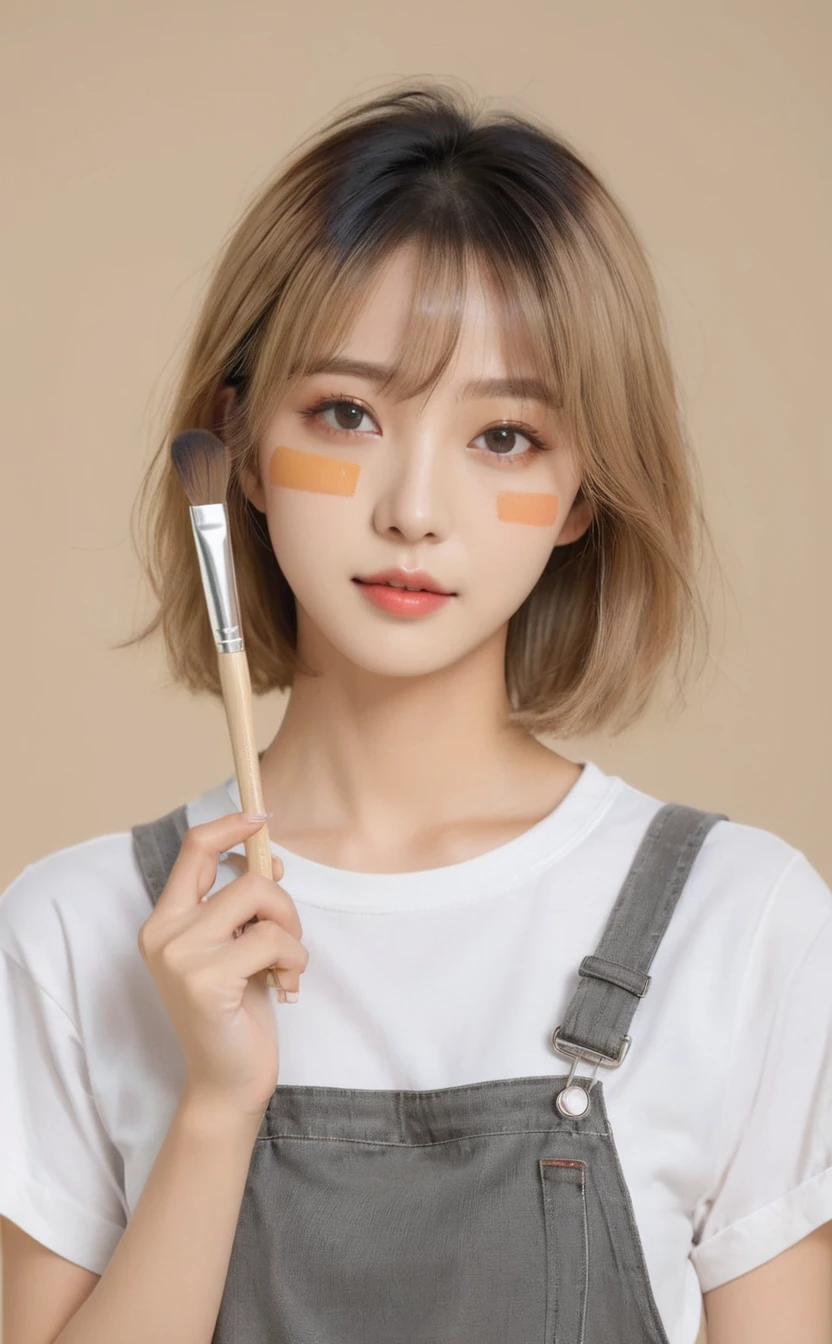 Realistic,Portrait of a young Korean idol girl with beautiful eyes,Upper Body,Cute blonde Korean bob,indoor,View your viewers,Simple beige background,可愛いsmile,,Dark grey tight T-shirt,Beige overalls,He holds a palette of paints in his left hand.,Holding a brush in your right hand,Popular Korean makeup,smile,photoRealistic,