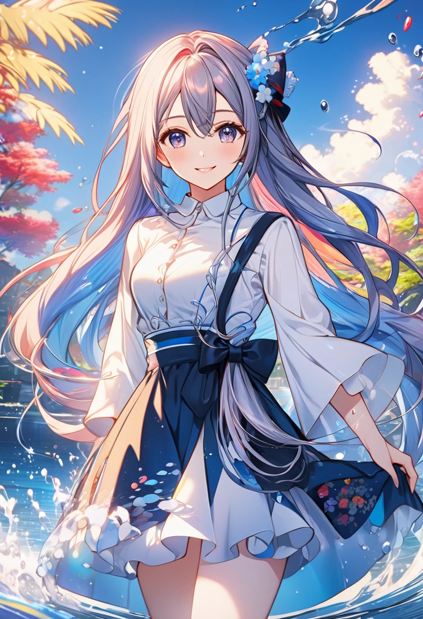 anime smiling girl with long hair and a dress standing in the water, anime style 4 k, anime art wallpaper 8 k, cute anime waifu in a nice dress, anime art wallpaper 4k, anime art wallpaper 4 k, beautiful anime art style, high quality anime artstyle, anime artstyle, beautiful anime artwork, beautiful anime art, splash art anime
