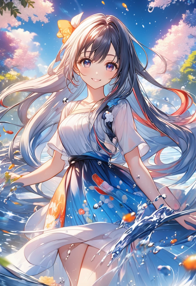 anime smiling girl with long hair and a dress standing in the water, anime style 4 k, anime art wallpaper 8 k, cute anime waifu in a nice dress, anime art wallpaper 4k, anime art wallpaper 4 k, beautiful anime art style, high quality anime artstyle, anime artstyle, beautiful anime artwork, beautiful anime art, splash art anime 