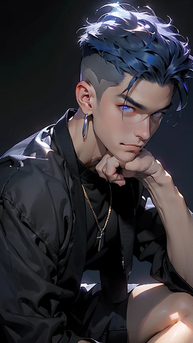 highest quality, 8K, high resolution image, anime style Jujutsu Kaisen, (Gilgamesh | Fate), detailed strokes, bored look , blurred, purple light reflecting from it, (close angle), 1 man, young, male, model, hand in pocket, cool guy, multicolored Background with various geometric shapes, around stickers, muscular, dark Blue hair, Hairstyle, Hairstyle:Undercut, Red eyes, short Hair, Blue hair, highlighted hair ,swollen chest, He is wearing a black sportjacket and black sweatpants, Black Sportjacket, black sweatpants and a gold link chain, sweatpants, Background: Room,
