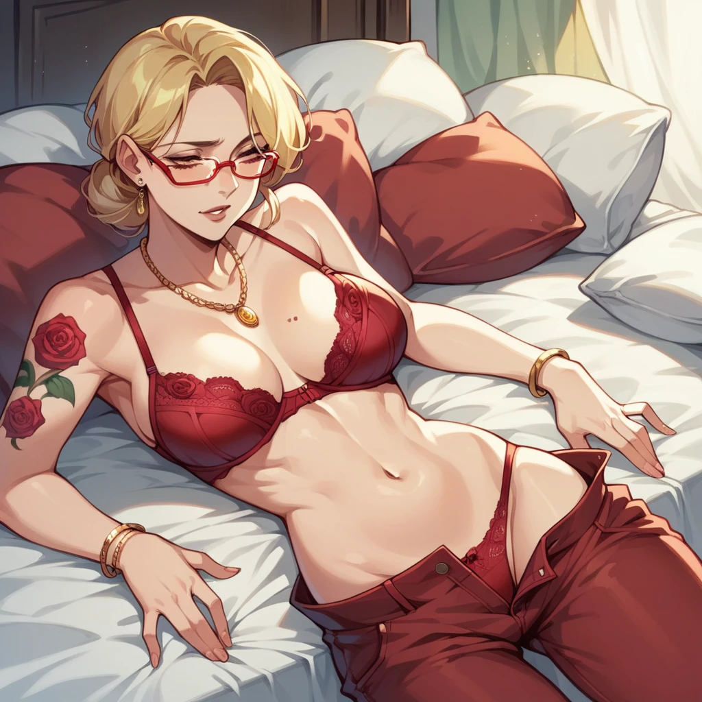 blonde hair woman, milf, red bra, red panties, several golden stones necklaces, long necklaces, red glasses, roses tattoos covering the entire body, thin chin, sit in bed, removing red bra, red pants