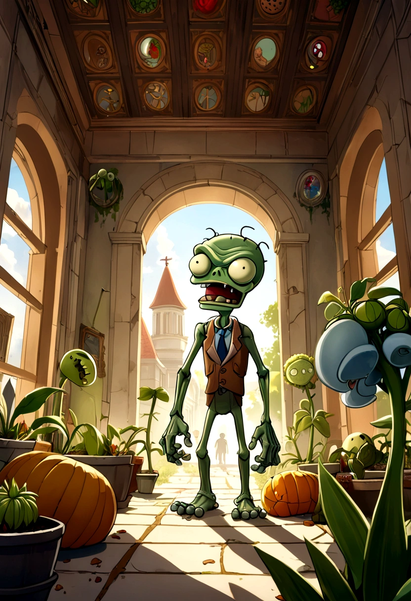 (game, "Plants vs. Zombies"), the plants on the front line take on vivid forms, showcasing their determination and courage in defense. The background is a shattered wall and a shattered sunset, and the camera is a close-up shot to showcase the resilience of the plants, full body, (Photography), panoramic view, award-winning, cinematic still, emotional, vignette, dynamic, vivid, (masterpiece, best quality, Professional, perfect composition, very aesthetic, absurdres, ultra-detailed, intricate details:1.3)